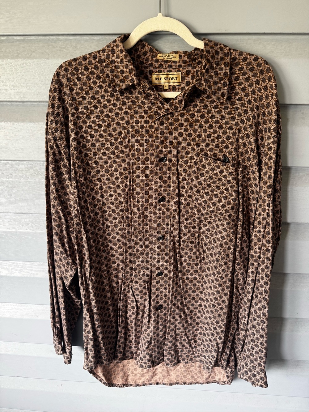 Vintage M.E. Sport Geometric Rayon Button Down Shirt Long Sleeve Brown Cream L
